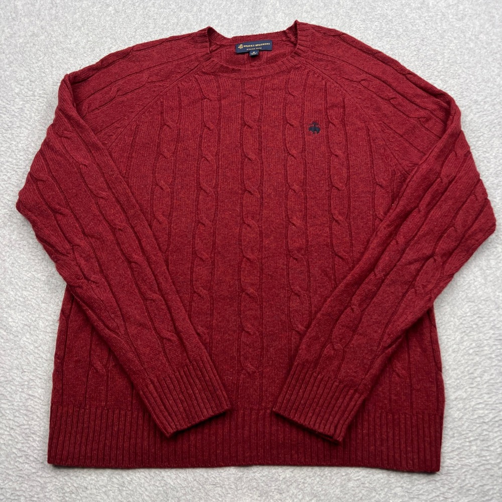 Brooks Brothers Sweater Mens M Red Cable Knit 100% Merino Wool Italian Yarn Logo
